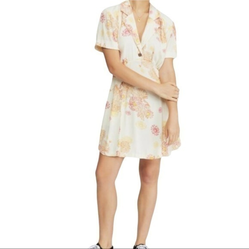 Free People Womens Blue Hawaii Floral Short Sleeve Mini Dress Sz M